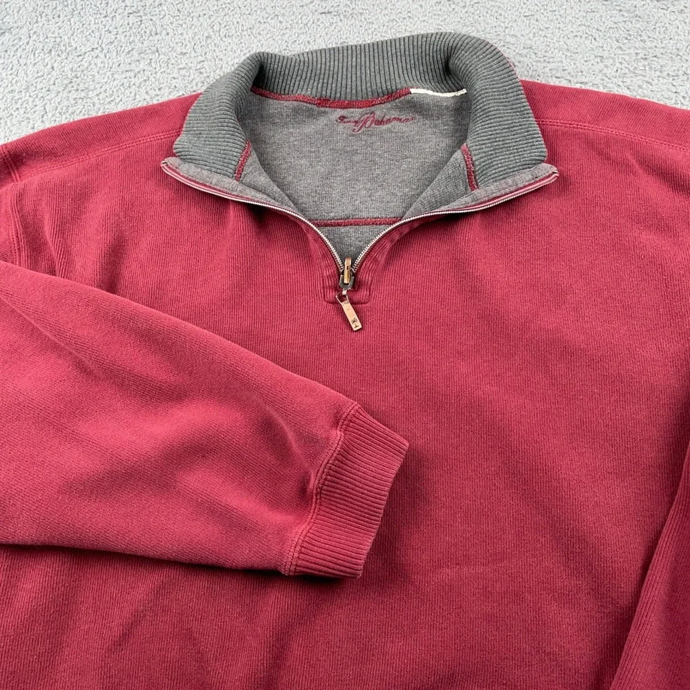 Tommy Bahama Sweater Mens 2XL Red 1/4 Zip Pullover Ribbed Cotton Sweatshirt
